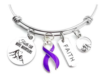 Purple Ribbon - Faith Can Move Mountains Charm Bracelet - Pancreatic Cancer, Lupus, Cystic Fibrosis, Crohn's Awareness