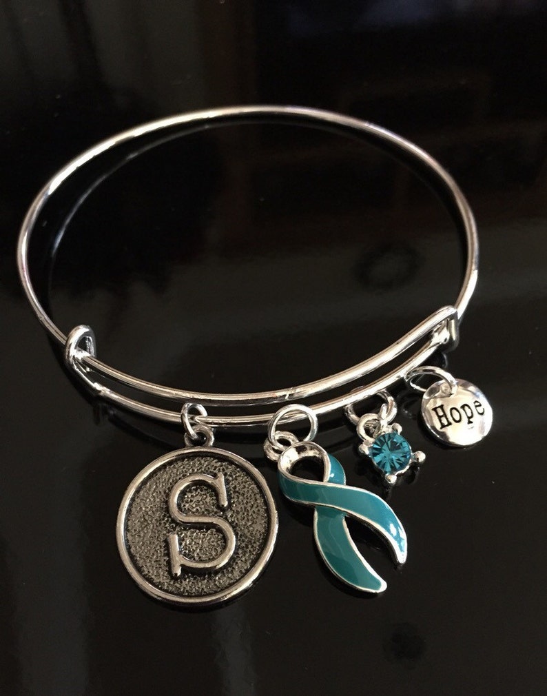 Teal Ribbon Initial Bracelet / Ovarian Cancer Survivor / Etsy
