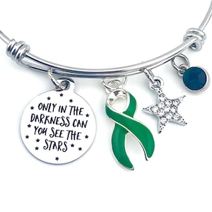 Green Ribbon Bracelet – Kidney, Adrenal Cancer, BiPolar Disorder, Cerebral Palsy, Gastroparesis, Mental Health - Only in Darkness see Stars
