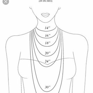 May include: A diagram showing different necklace lengths in inches, from 14 inches to 30 inches, on a drawing of a person's neck.
