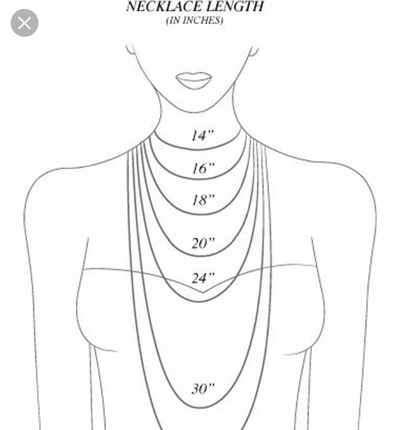 May include: A diagram showing different necklace lengths in inches, from 14 inches to 30 inches, on a drawing of a person's neck.