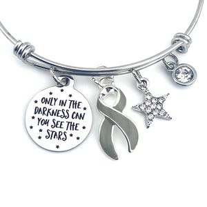 Gray Grey Ribbon Bracelet - Aphasia, Asthma, Brain Cancer Survivor, Brain Tumors, Type 1 or 2 Diabetes - Only in Darkness Stars