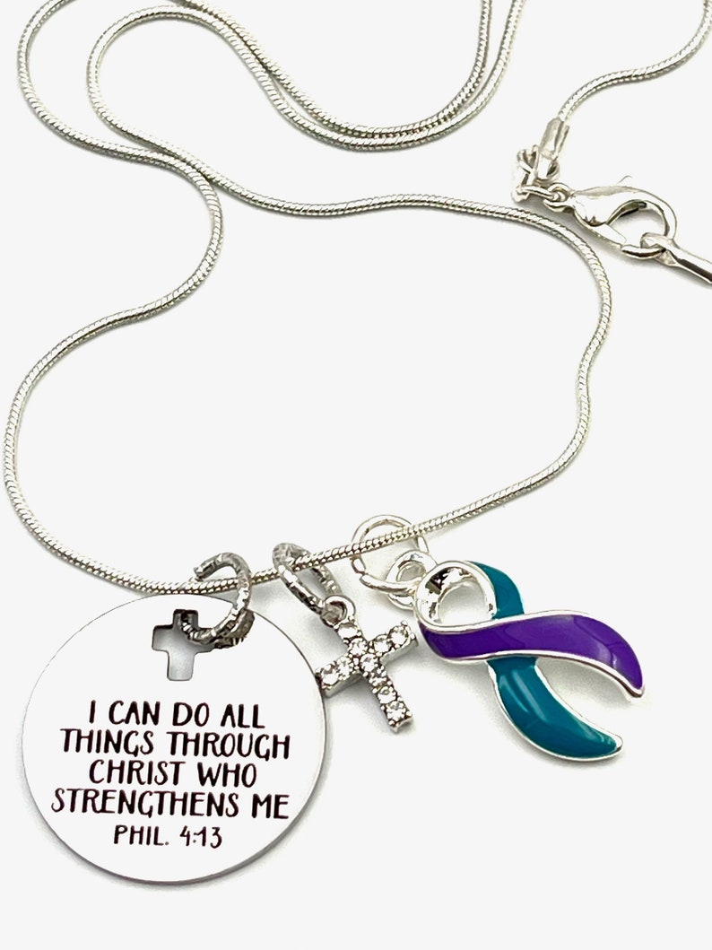 Teal and Purple Ribbon Charm Awareness Encouragament Necklace I Can Do