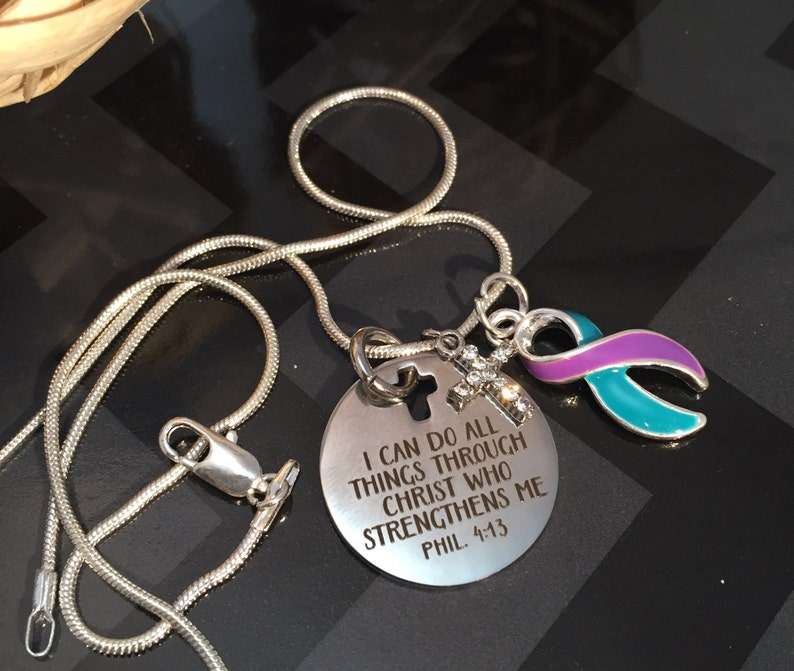 Teal and Purple Ribbon Charm Awareness Encouragament Necklace I Can Do