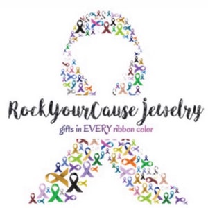May include: A logo for Rock Your Cause Jewelry, featuring a large ribbon made up of smaller colorful ribbons. The text "Rock Your Cause Jewelry" is written in a bold, black font. Below the logo, the text "gifts in EVERY ribbon color" is written in a smaller, purple font.