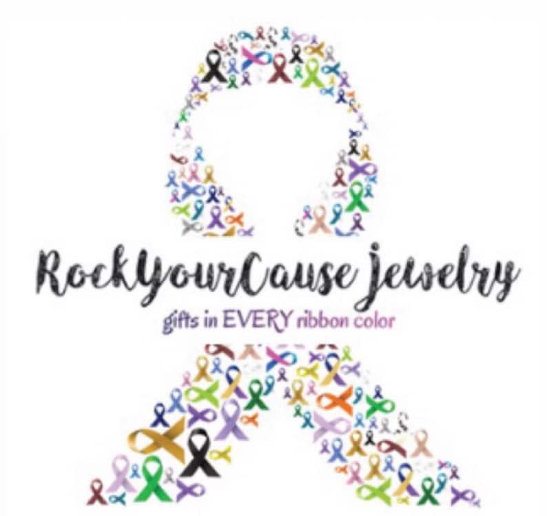 May include: A logo for Rock Your Cause Jewelry, featuring a large ribbon made up of smaller colorful ribbons. The text "Rock Your Cause Jewelry" is written in a bold, black font. Below the logo, the text "gifts in EVERY ribbon color" is written in a smaller, purple font.