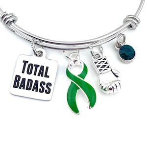 Green Ribbon Total Badass Charm Bracelet – Kidney, Adrenal Cancer, BiPolar Disorder, Cerebral Palsy, Gastroparesis Survivor / Awareness Gift