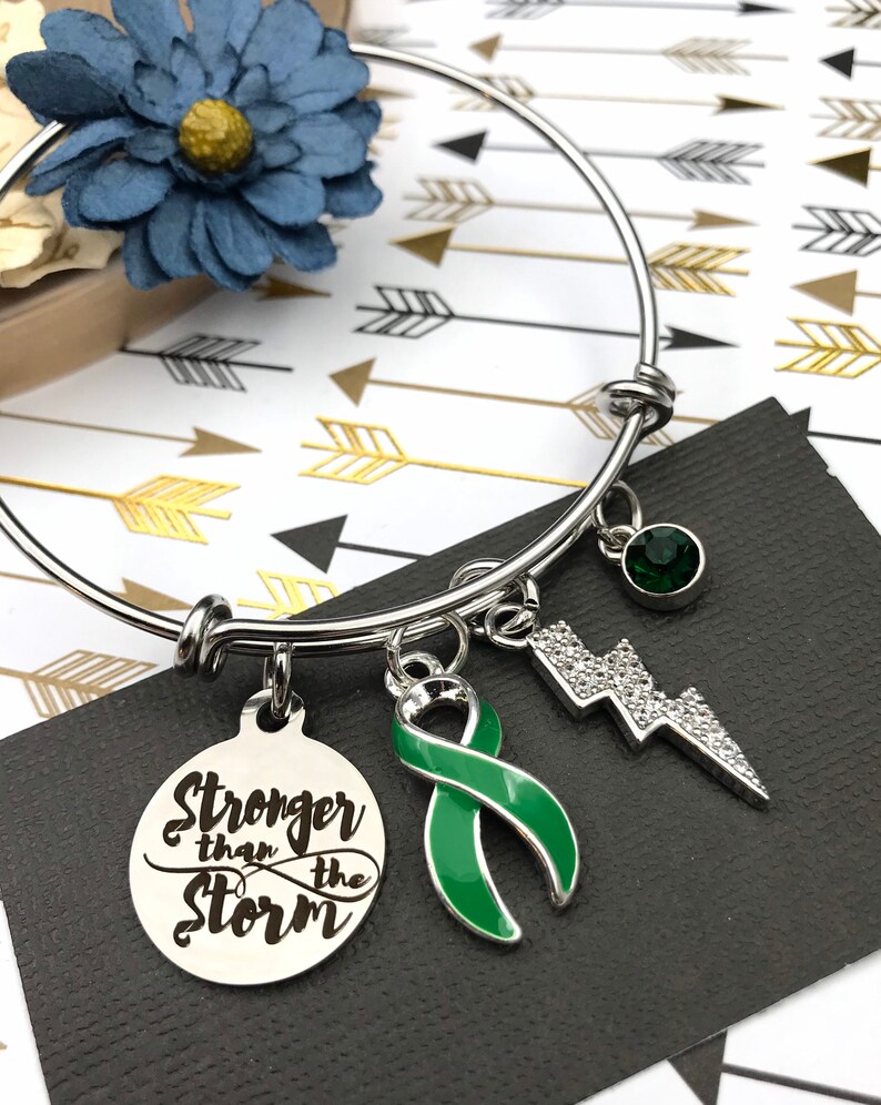 Green Ribbon Charm Bracelet / Adrenal Cancer, Cerebral Palsy, Mental Illness , Mitochondrial disease, Gastroparesis Stronger than Storm image 3