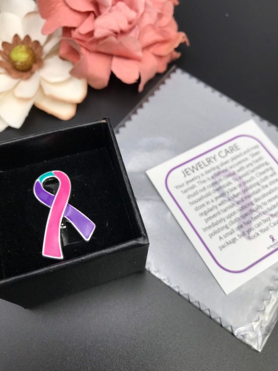 5-Pack Thyroid Cancer Awareness Ribbon Lapel Pins – Purple With Silver Trim, Tac Backing, Support & Awareness Gift - View #9