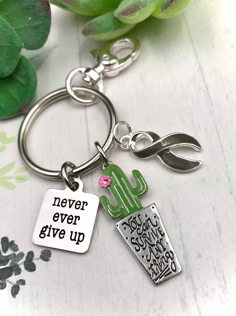 Brain Cancer Survivor Gray Grey Ribbon Cactus Type 1 or 2 Diabetes Awareness Gift Aphasia Brain Tumor Asthma Survivor Keychain