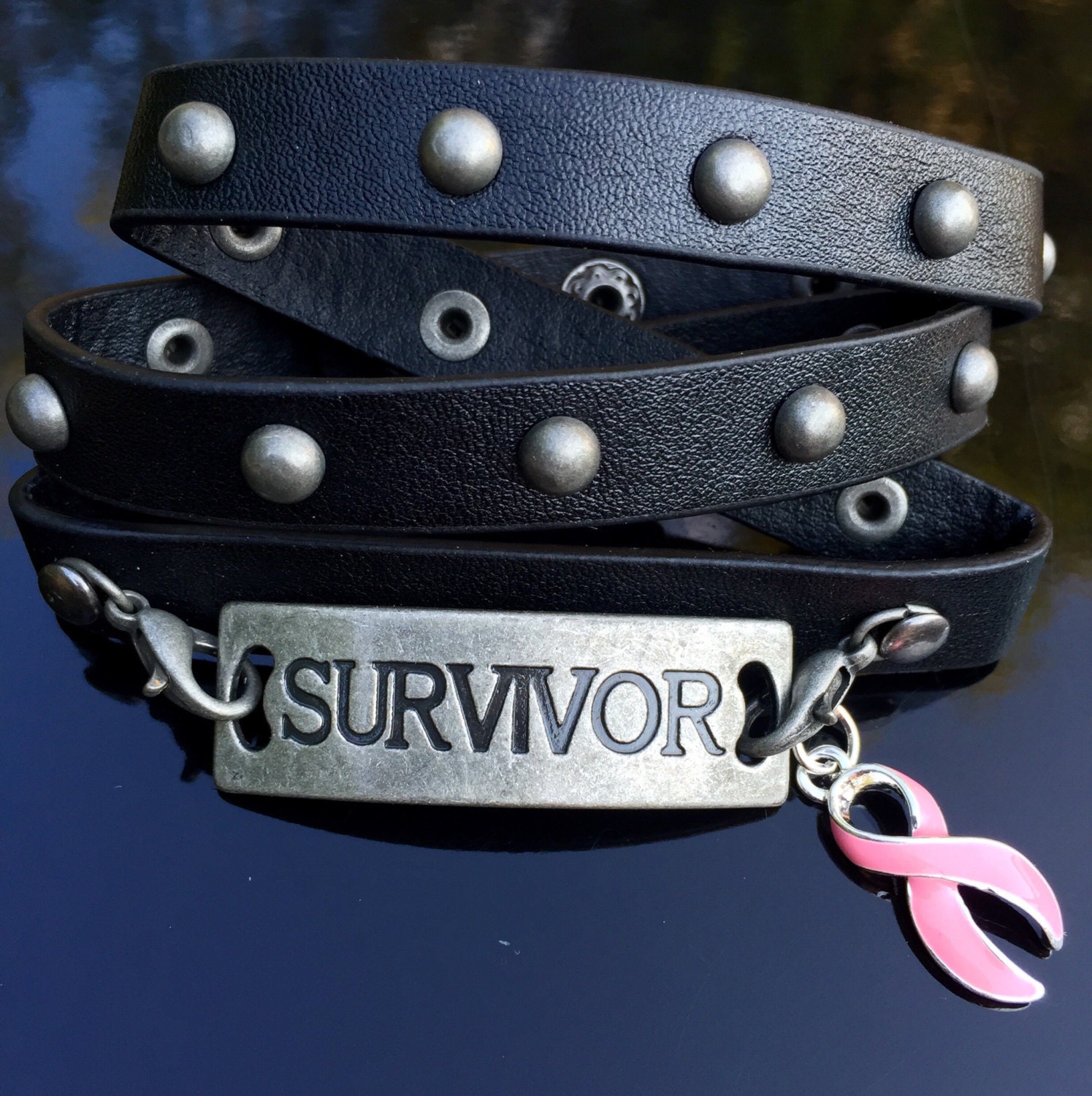 Black Leather Survivor Bracelet Breast Cancer Awareness / Etsy