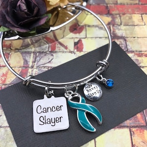 Cancer Slayer Charm Bracelet - Teal Ribbon - Ovarian Cancer Awareness Gift