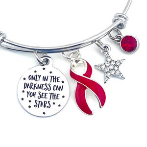 May include: A silver charm bracelet with a red ribbon charm, a star charm, a red rhinestone charm, and a round charm with the text "Only in the darkness can you see the stars".