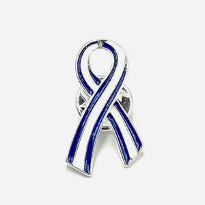 May include: A metal awareness ribbon pin featuring a glossy white center stripe bordered by two vibrant blue stripes. The pin has a polished silver-tone metal edge and a standard clutch backing mechanism visible behind the ribbon shape.