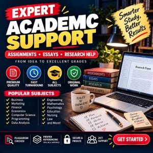 以下が含まれることがあります： Expert Academic Support、Smarter Study Better Resultsというテキストと科目リストが記載された学術支援サービスのプロモーション画像。ノートパソコン、Fueled by Knowledgeと書かれたマグカップ、チェックリストが写っています。