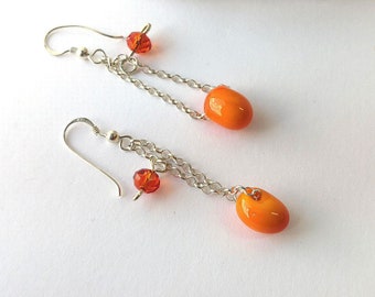 Orange glass and sterling silver dangle earrings, lampwork beads, drop earrings