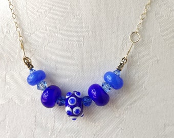 Murano glass bead necklace, sterling silver and blue glass beads, boho style handmade lampwork jewelry