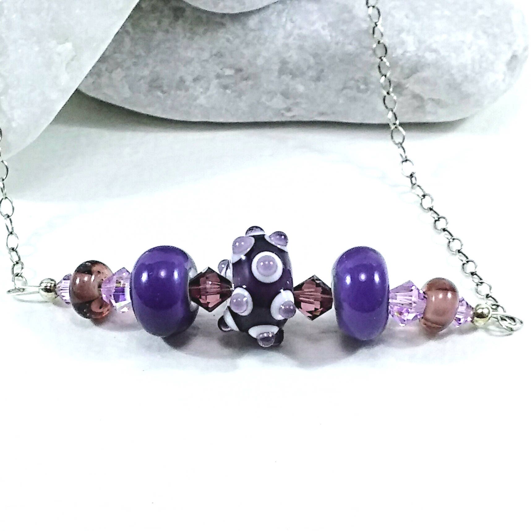 Lampwork Glass Necklace Sterling Silver Necklace Purple Glass Necklace