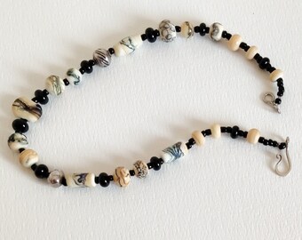 Glass bead necklace, beige and black lampwork, boho style statement necklace, from Israel