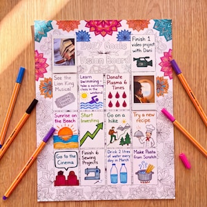 May include: A 2027 Goals Vision Board printed on paper with a mandala border, featuring twelve grid squares with hand-drawn illustrations and text goals like Finish 1 video project, Learn swimming, and Make Pasta from Scratch, surrounded by colored pens.