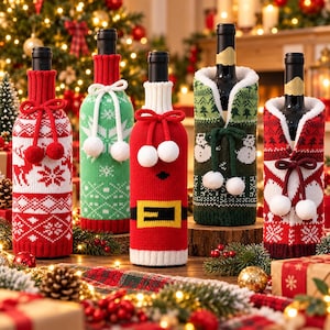 Pode incluir: Cinco garrafas de vinho vestidas com capas de malha festivas. As capas apresentam padrões de feriado, incluindo renas, flocos de neve, bonecos de neve e um traje de Papai Noel com cinto. Cada capa é acentuada com pompons brancos.