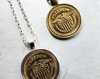 FREEDOM COIN NECKLACE American Eagle Coin Token Pendant Brass Copper Silver