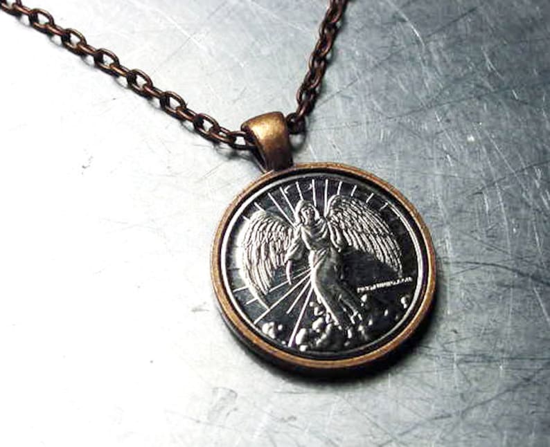 GUARDIAN ANGEL NECKLACE Pendant Angel Coin Token set in Silver / Copper / Brass image 3