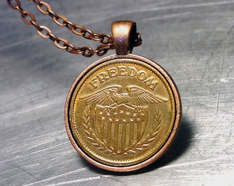 Necklace FREEDOM TOKEN Pendant / Key Chain/ American Eagle shield Token Brass / Silver Brass or Copper Mountings