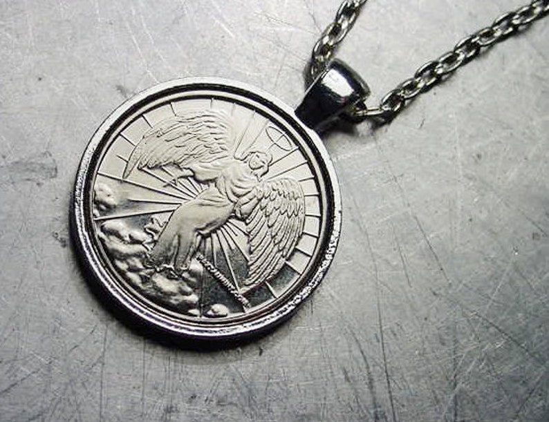 GUARDIAN ANGEL NECKLACE Pendant Angel Coin Token set in Silver / Copper / Brass image 5