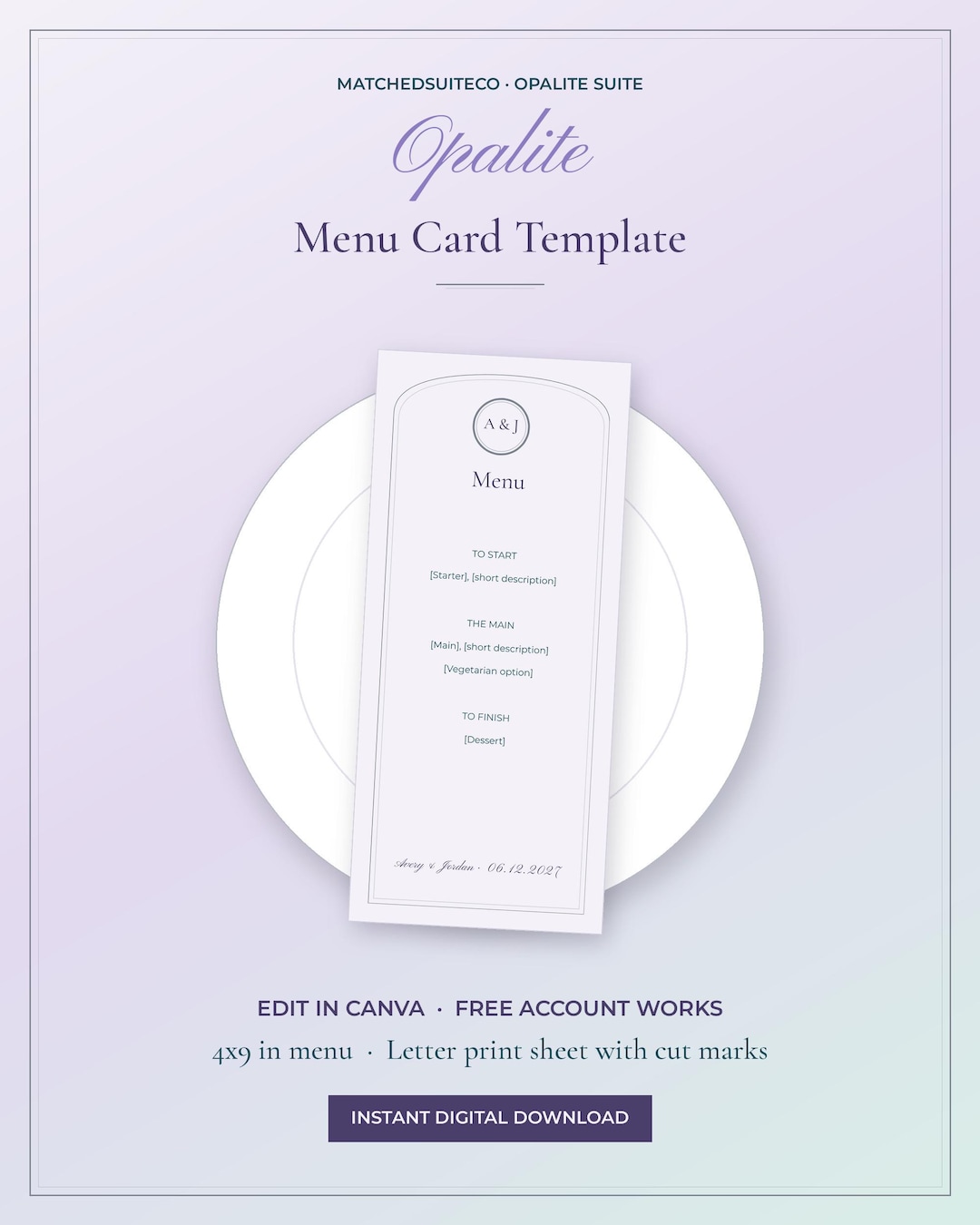 Opaline Menu Modèle de menu opaline, menu de mariage irisé, menu Canva 4x9 ...