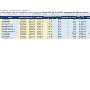 May include: A digital rent collection log spreadsheet featuring columns for Unit ID, Owner, Month Due, Rent Due, Date Paid, Amount Paid, Balance Owed, Days Late, Late Fee, Mgmt Fee, and Status, with data rows for various property units.