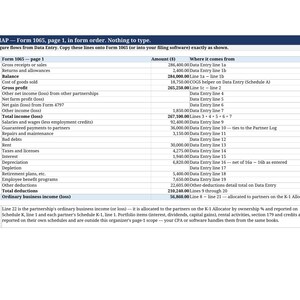 May include: A 1065 MAP Form 1065 page 1 document featuring a table with columns for line numbers, descriptions, monetary amounts, and data entry sources. The table lists financial categories including gross receipts, cost of goods sold, and various business expenses.