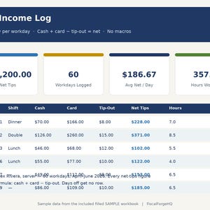Puede incluir: Una plantilla de hoja de cálculo digital Tip Income Log con un encabezado azul oscuro con el texto Tip Income Log, One row per workday, Cash + card - tip-out = net, No macros. Muestra cuadros de resumen para Net Tips, Workdays Logged, Avg Net / Day y Hours Worked, seguidos de una tabla detallada con columnas para Date, Shift, Cash, Card, Tip-Out, Net Tips y Hours.
