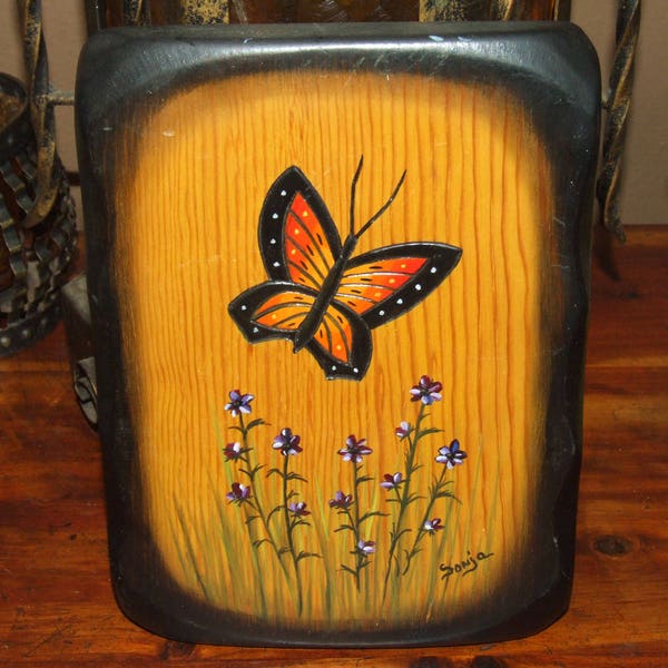 Vintage 70's Thick Rustic Folk Art Hand Painted Orange Butterfly Wild Flower Floral Wood Wall Art Decor Plaque