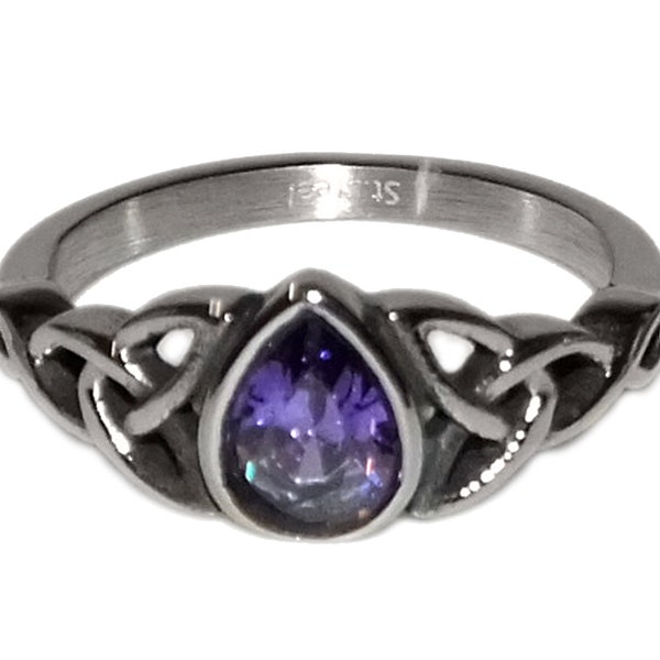 Vintage 90s Style Boho Goth Grunge Celtic Amethyst Purple CZ Pear Teardrop Bezel GENUINE STAINLESS Steel Non Tarnish Water Resistant Ring