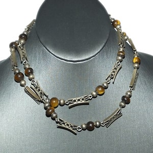 Vintage Taxco Mexico Cecilia Tono Tigers Eye Ball Bead Geometric Sterling Necklace