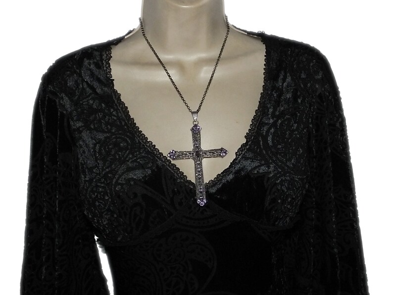 Vintage 90s Y2K Victorian Gothic Revival Huge Amethyst Marcasite Sterling Cross Pendant Oxidized Belcher Chain Necklace image 9