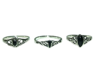Vintage 90s Style Goth Pagan Wiccan Celtic Black Onyx Hearts Triquetra Trinity Knot Sterling Ring Size 5 - 6 - 7 - 8