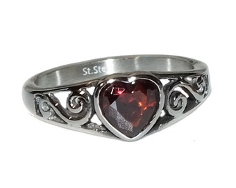 Vintage 90s Style Boho Grunge Goth Red CZ Heart Bezel Swirl Bali Style GENUINE STAINLESS Steel Non Tarnish Unisex Ring