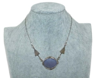 Antique Vintage Edwardian Art Deco Blue Chalcedony Marcasite Oval Medallion Pyramid Sterling Necklace