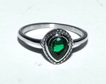 Vintage 90s Style Emerald Green CZ Pear Shaped Teardrop Braided Bezel Bali Style GENUINE STAINLESS Steel Non Tarnish Ring