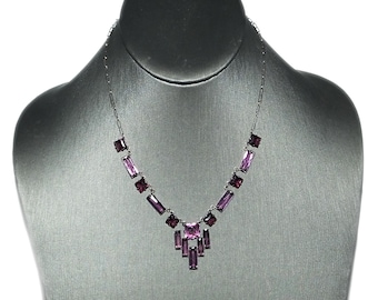 Antique Vintage Art Deco Egyptian Revival Geometric Pyramid Amethyst Purple Crystal Paste Open Back Bezel Sterling Necklace