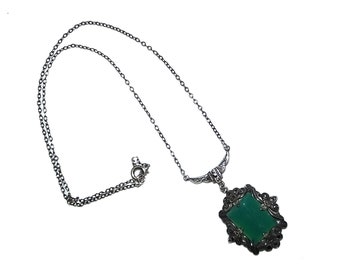 Antique Vintage Edwardian Art Deco Green Chrysoprase Marcasite Sterling Lavalier Necklace