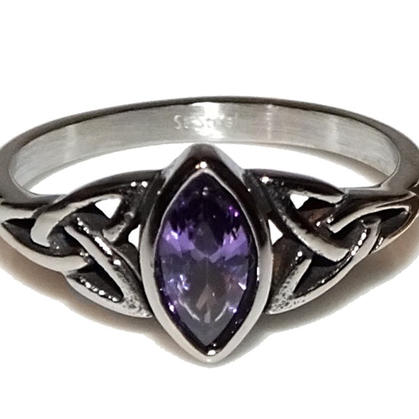 Vintage 90s Style Goth Wiccan Pagan Celtic Purple CZ Marquise Triquetras GENUINE Stainless Steel Non Tarnish Ring