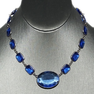 Antique Vintage Edwardian Art Deco Sapphire Blue Crystal Paste Open Back Sterling Riviere Necklace