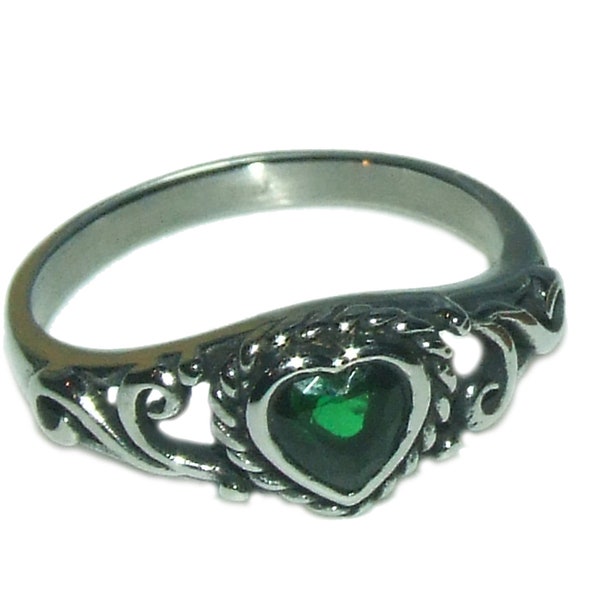 Vintage 90s Style Boho Goth Grunge Emerald Green CZ Heart Bali Style Genuine Stainless Steel Non Tarnish Water Resistant Unisex Ring