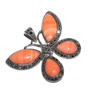 Vintage Large Butterfly Faux Coral Marcasite Sterling 925 Pendant