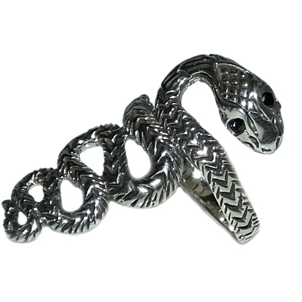 Vintage 90s Style Boho Goth Grunge Punk Wiccan Pagan Snake Black Eyes Finger Wrap GENUINE Sterling Silver 925 Unisex Ring