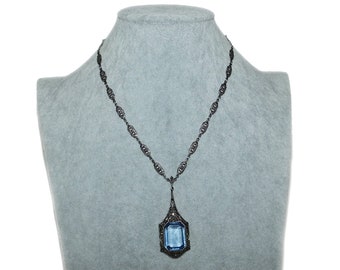 Antique Vintage Edwardian Art Deco Aquamarine Blue Topaz Paste Marcasite Oxidized Sterling Lavalier Necklace