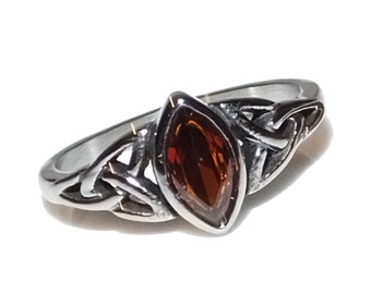 Vintage 90s Style Goth Wiccan Pagan Celtic Red Garnet CZ Marquise Triquetras GENUINE Stainless Steel Non Tarnish Ring